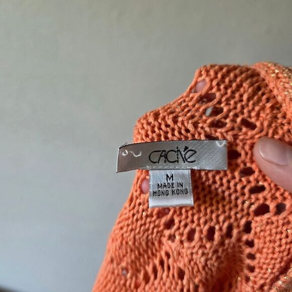 Cache Orange And Gold Metallic Thread Knit Crochet Tunic Medium - Picture 3 of 6